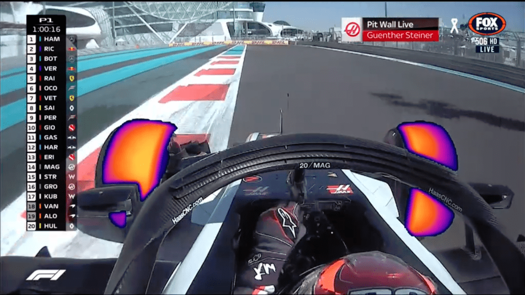 Exemple de répartition de température sur les pneus d'une F1 avec une caméra thermique (Fox Sports, Kevin Magnussen, Essais libres du GP d'Abu Dhabi 2018)